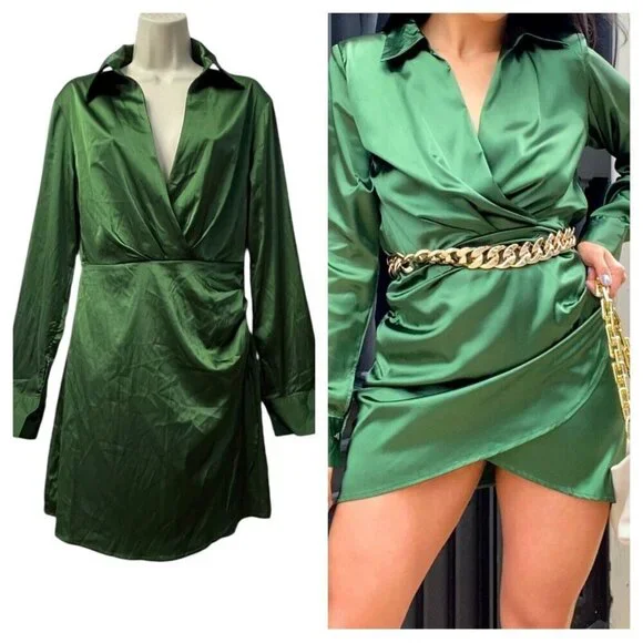 Cider Satin Faux Wrap Mini Dress Short Size‎ S Green L/S V-Neck Ruched Party NWT - Picture 13 of 16